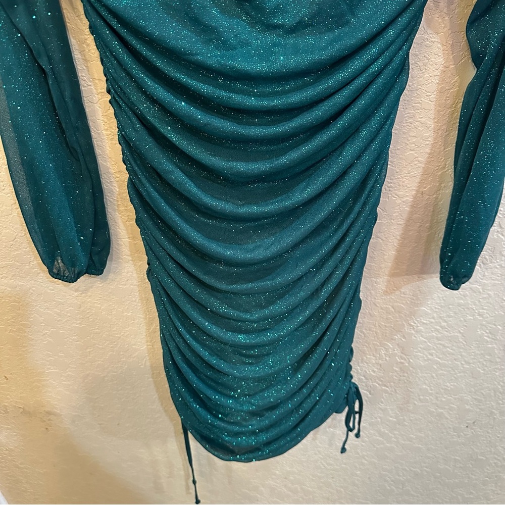 Jump Apparel XL Green Glitter Ruched Mesh Mini Bodycon Long Sleeve Holiday Dress - Picture 6 of 9